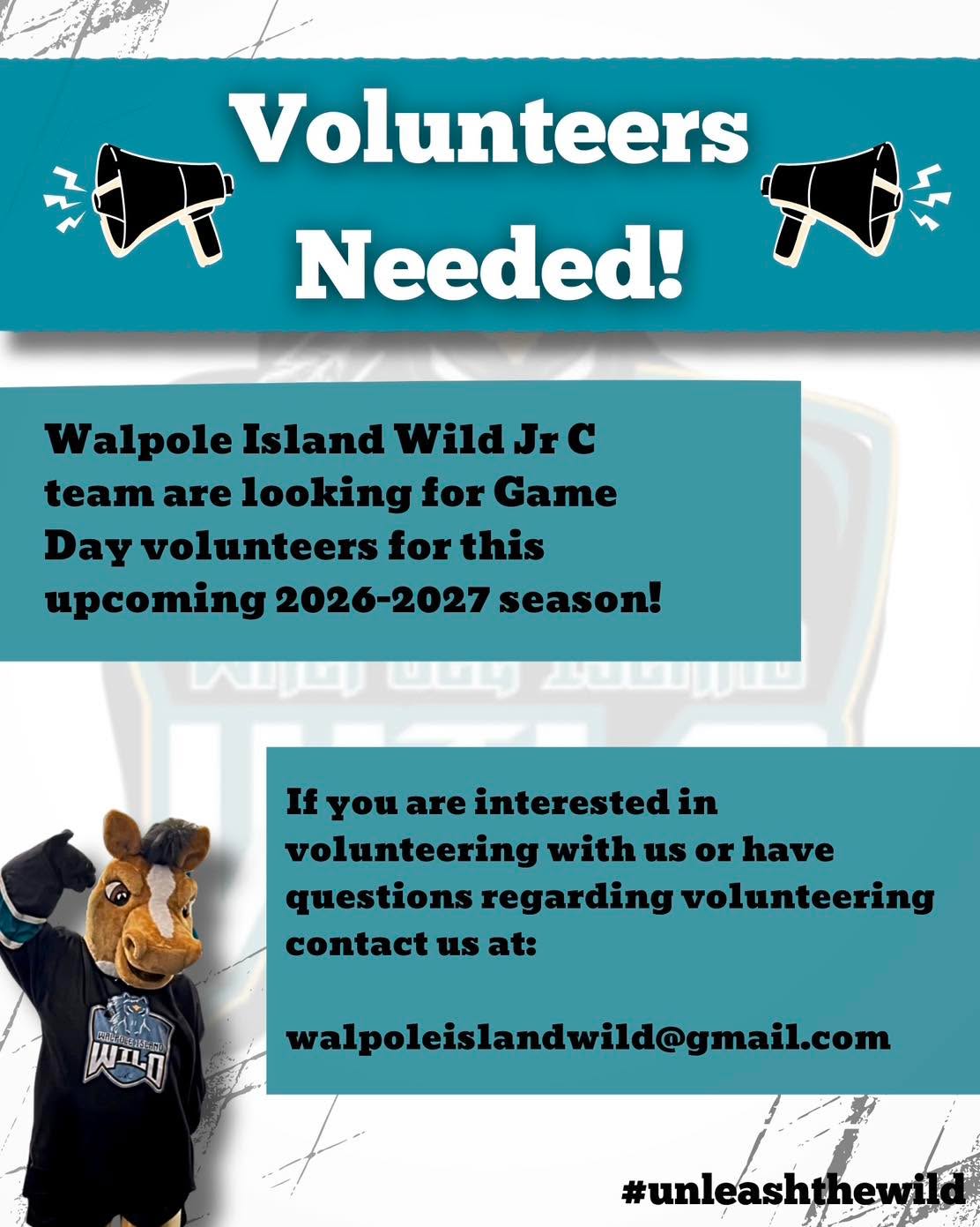 Volunteers help make our hockey season happen! 🏒
The Walpole Island Wild Jr C hockey team are looking for volunteers for the upcoming season🐎
If you or someone you know is interested in volunteering, contact us at: 
walpoleislandwild@gmail.com

#unleashthewild #walpoleislandwild