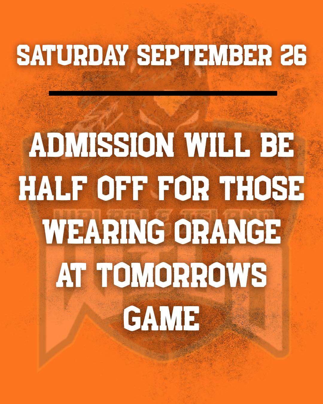 🚨Notice🚨
Admission will be half off for those wearing orange at tomorrow’s game!

🏒Game Day🏒
🗓️Saturday September 26
🕑7:30PM
🆚Lakeshore Canadians
📍Walpole Island Sports Complex